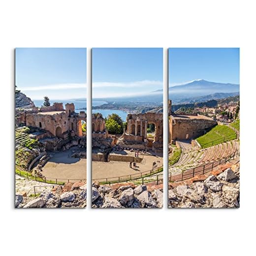 3 x 40 x 90 cm (totalt:130 x 90 cm) 3-delad bild på duk teater ruiner vulkan etna hav morgonsol väggbild på duk som panorama