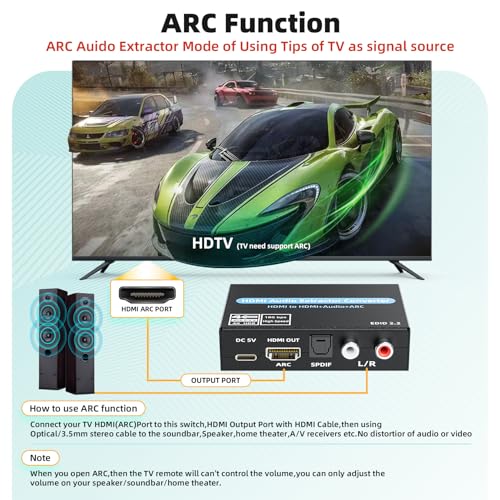 Image of HDMI Audio Extractor Converter, 4K@60Hz Audio Adapter with Optical SPDIF + 3.5mm Stereo + Analog RCA L /R Audio Adapter, HDMI ARC Converter Supports 5.1 HDCP 2.2 HDR 18Gbps, for PS5 Xbox HDTV