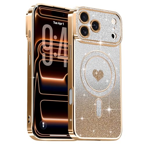 Lafunda Compatible con iPhone 17 Pro MAX Funda, Carcasa Magnética Plating con Brillo y Lentejuelas, Diseño de Protección para Cámara, Carcasa de Lujo Dorado para iPhone 17 Pro MAX