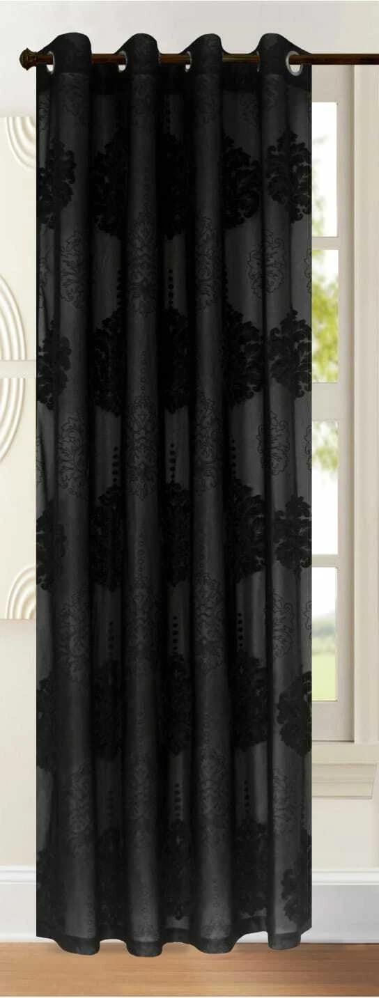Householdfurnishing Eyelet Ring Top Voile Net Curtain Flock Velvet Damask Single Panel (Black, 55 x 54)
