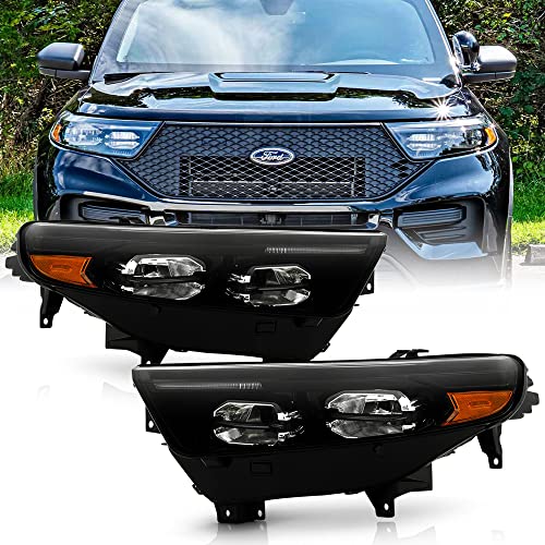 ACANII - For 2020 2021 2022 Ford Explorer Black w/Single LED Tube Full LED Headlights Headlamps Replacement Left+Right
