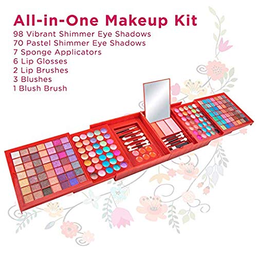 Vokai Makeup Kit Gift Set – 168 Eye Shadow Colors, 6 Lip Glosses - Pop-Up Mirror - Case with Carrying Handle