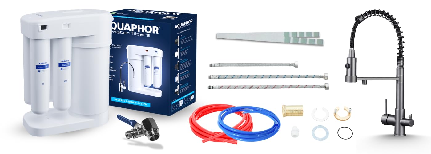 Grifo de cocina de 3 vías Solid Spring con sistema de filtro de agua Aquaphor Morion 101S RO, ósmosis inversa, filtro para debajo de la mesa de 0,0005 µm, depósito de 5 L, 190 l/día, ducha extraíble