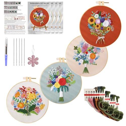 Kit de broderie adultes Huacan 4 pièces motif floral loisir créatif salon 20x20