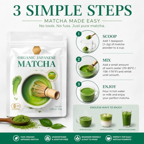 JAS Certified Organic Matcha Powder, First Harvest Japanese Green Tea, 100% Pure Unsweet Non-GMO for Latte Smoothie Baking, Resealable Pouch 30g (1.05 oz) — view 4