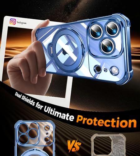 Image of Soft Case for iPhone 17 Pro with 360 Rotating Magnetic Stand, Compatible with Mag-Safe, 4X MIL-Drop Protection, Lightweight Glossy Anti-Yellowing Clear Back Phone Cover for iPhone 17 Pro 6.3 inch, Blue