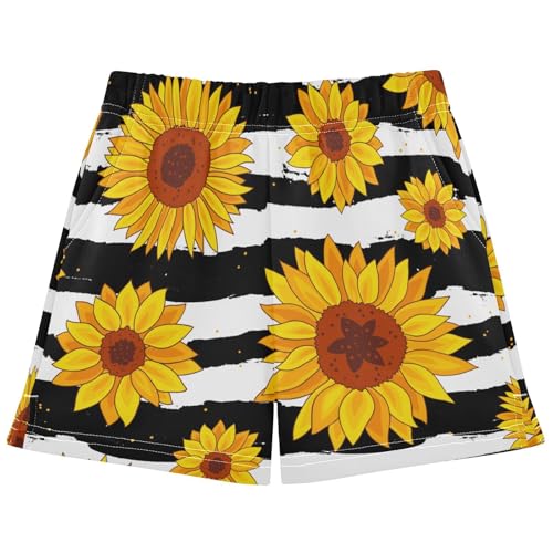 pnyoin Girl's Shorts Sunflower Stripes Athletic Running Shorts with Pockets Size 9-10t Multi