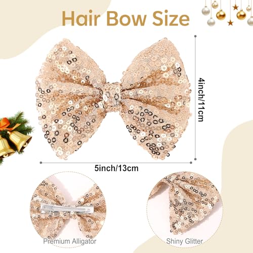 CN 5 Inch Gold Glitter Hair Bows for Girls Alligator Clips Sparkly Sequin Hair Accessories for Kids Toddler Women on Birthday Wedding Christmas and Party