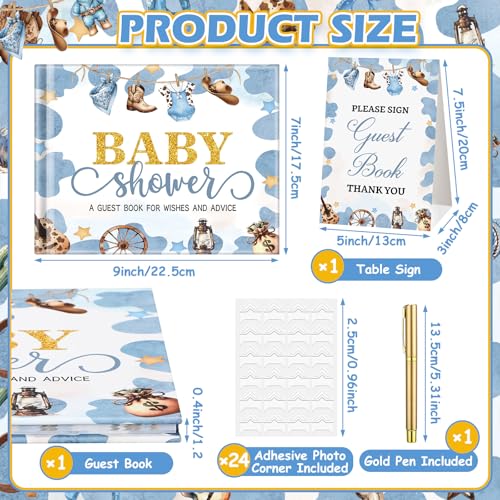 Image of Fuyoooo 27 Pcs Baby Shower Guest Book Baby Shower Sign in Guest Book Reception with Sonogram Page Keepsake Includes Gold Pen Table Card and Adhesive Photo Corner for Birthday(Western Cowboy)