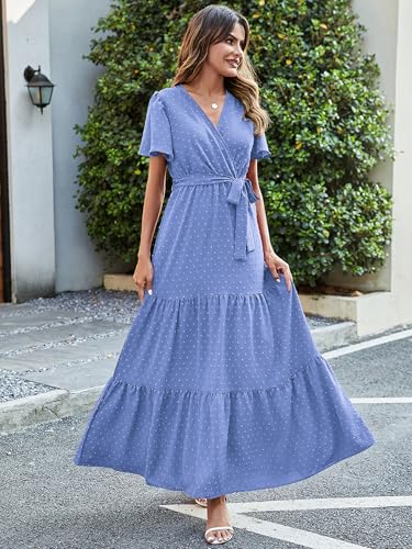 Image of MASCOMODA Women Boho Swiss Dot Maxi Dresses Wrap V Neck Flutter Short Sleeve Solid Tie Waist A Line Tiered Flowy Long Dresses