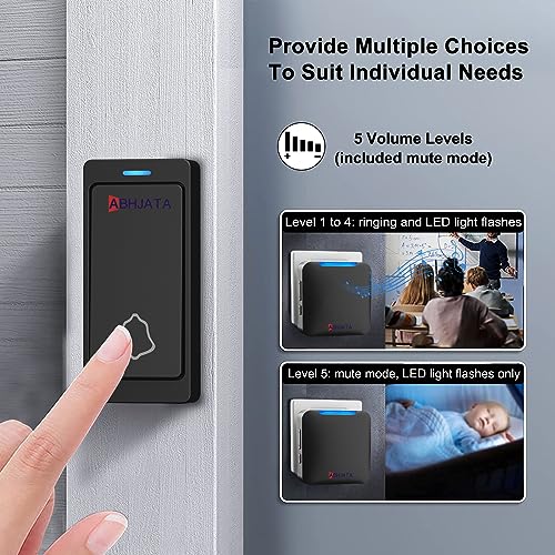 Image of ABHJATA Wireless Doorbell, Door Bell Kit up to 1000ft Range with 32 Ringtones, 5 Adjustable Volume with LED Indicator, Door Bell for Home, Plug in Type-Black(1 Transmitter & 1 Indian Plug Receiver)