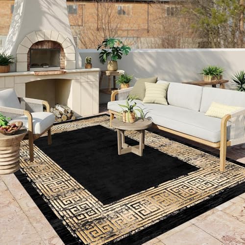 Faux Distressed Rough Texture of Geometric Border Pattern Black Gold