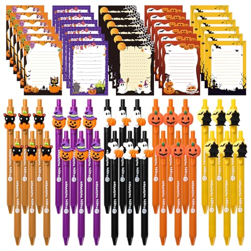 JarThenaAMCS 60Pcs Halloween Stationery Set Cat Witch Pumpkin Ghost Castle Sticky Note Pads with Ballpoint Writing Pens for School Teachers Presents Office Classroom Party Favors Gifts Supplies