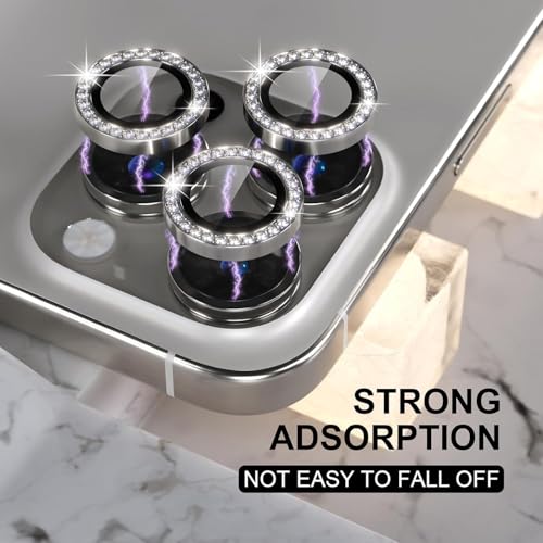 Image of Glitter Diamond Camera Lens Protector for iPhone 16 Pro / 16 Pro Max / 15 Pro / 15 Pro Max Grey UHD 9H Tempered Glass, Sparkle Crystal Design Camera Guard Scratch & Drop Resistant, Case Friendly Camera Cover