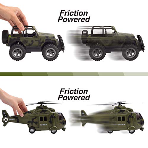 Joyin 2 Pack Friction Powered Realistic Military Vehicle Car Set Including Convertible Military Truck, Helicopter, Army Men Action Figures And Accessories, Lights And Sounds Sirens #TOP3
