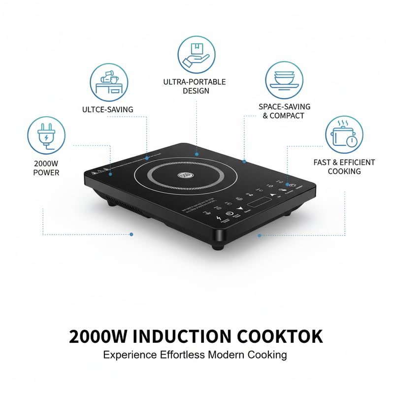 Image of Drumstone (15 Years Replacement Warranty) 2000W Portable Electric Induction Cooker - Fast Heating, Touch Control, Energy Efficient, Smart Temperature, Safety Lock, Compact & Portable Design