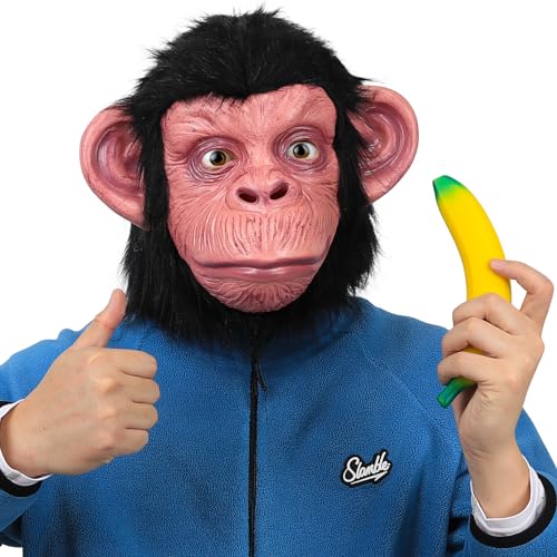Monkey Mask Latex Full Head Animal Chimp Mask and Banana Stress Relief Toys for Halloween Costume Party