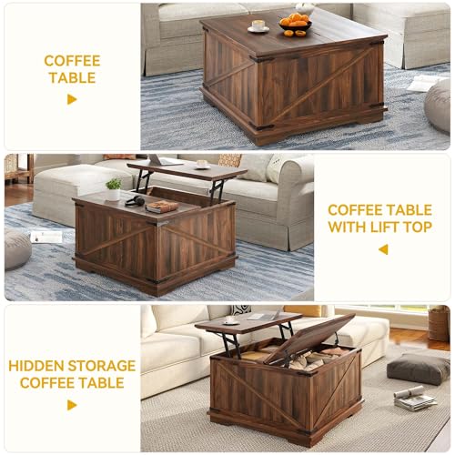 DWVO Lift Top Coffee Table with Storage, Farmhouse Coffee Tables for Living Room, Square Table with Lifting Top Wood Center Table with Large Hidden Storage, Reclaimed Barnwood