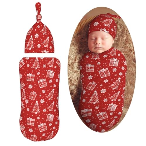 Image of Red Christmas Swaddle Blanket with Beanie Hat Set Newborn Swaddle Wrap Soft Baby Receiving Blankets Baby Swaddle Blanket for Baby Boys and Girls