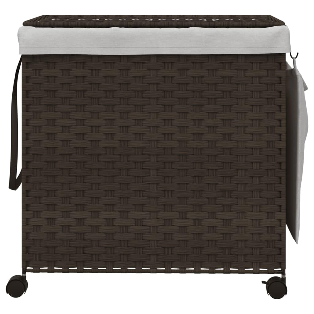Wäschekorb mit Rollen und Deckel aus handgeflochtenem Rattan in Dunkelbraun 60x35x60,5 cm mit 3 Fächern, Tragegriffen, Innenbeutel und klappbarem Design für Waschküche und Badezimmer