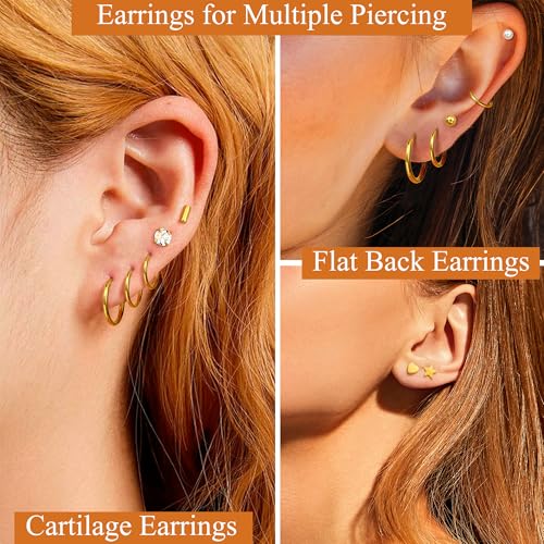 Florideco Small Hypoallergenic Flat Back Stud Earrings for Women Men 14K Gold Plated Surgical Stainless Steel Earrings Tiny Stud Earring Screw Back Cartilage Earring Set for Multiple Piercing4