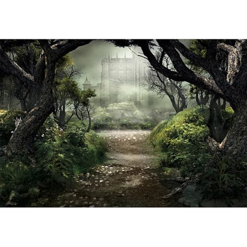 Renaiss Enchanted Forest Backdrop Fabric Green Medieval Smoky Jungle Forest Wonderland Fairy Tale Adventure Photography Background for Kids Fairytale Theme Party Decorations Photo Prop 10x8ft