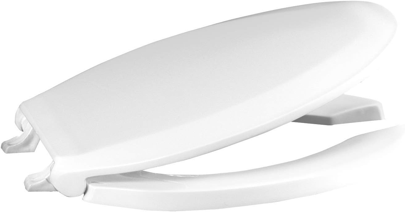Elongated Toilet Seat, Open Front with Cover, Heavy Duty Commercial, Stainless Steel Self Sustaining Hinge, Plastic, Made in the USA, 820STSS-001, White