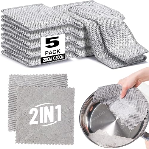 Image of CURATED CART Multipurpose Wire Dishwashing Rags Newest - Magic Cleaning Cloth Thickened Double-Sided Metal Steel Wire Rags Kitchen Dish Pot Washing Cloths Towel Clean Too - Pack of 5 - Grey Color