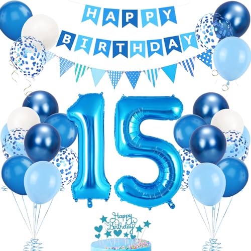 Decoração de aniversário 15 anos azul para meninos e meninas, balões e acessórios para festa