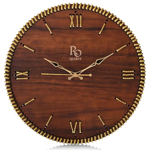 Image of Wooden Round Shape Roman Dial Analog Clock with Golden Hand and Golden Zari Rope Detailing | Stylish Silent Quartz Movement Anti Reflection Wall Clock for Home & Office (Brown, 15.5 inch)
