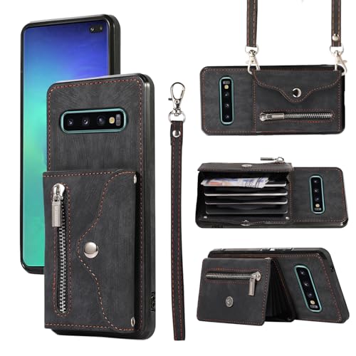 Cover per Samsung Galaxy S10 Plus con Cordino Laccio Portafoglio Pelle Porta Carte Supporto Protettivo Protezione TPU Silicone S10+ 10S + S 10plus 10 10+ S10plus Custodia Case Femmina Nero