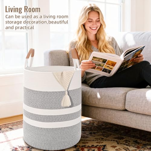 Image of Large Laundry Basket, Laundry Hamper with Leather Handles, 60L Woven Dirty Clothes Hamper, Rope Hampers for Bedroom, Barthroom, Grey
