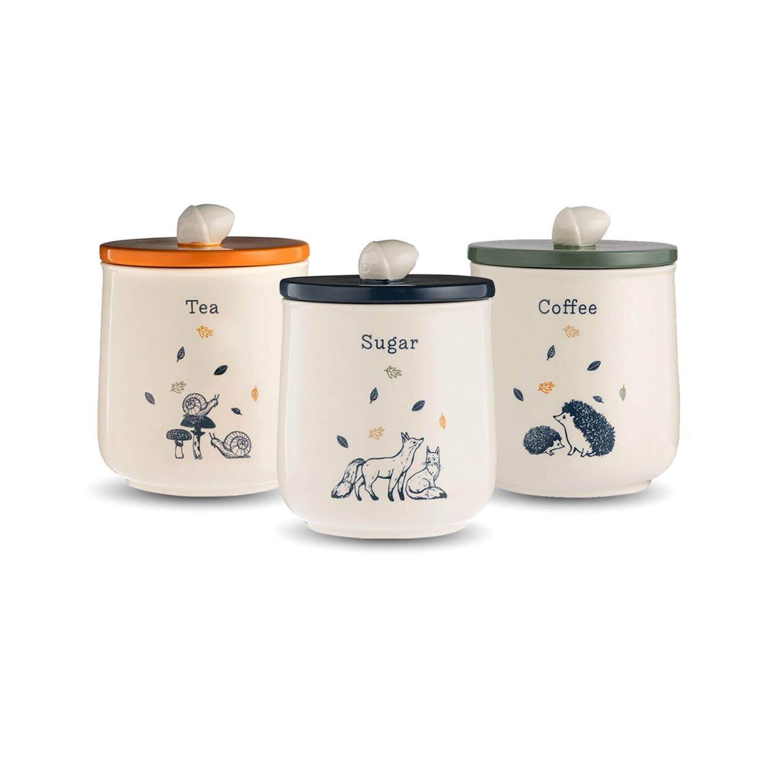 Contemporary Ceramic Woodland Storage Jar Tea Coffee Sugar Inspired Kitchen with Nature-Elegance & Functional Freshness, Text Detail and Airtight Silicone Seal Stylish Tabletop Decor Canister Set