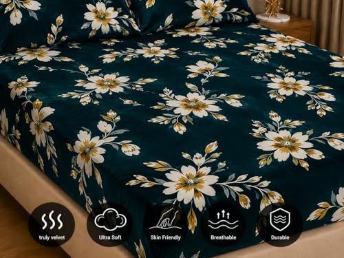Image of Warm Flannel (Flano) King Size 330 TC Winter Fitted Bedsheet | All Side Elastic Premium Winter Soft Velvet Furnishing Bed Sheet with 2 Big Pillow Cover Size - 72 x 78 X 8 Inches Green