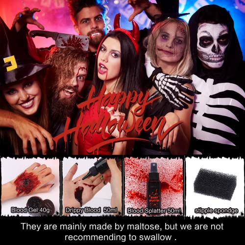 Bobisuka Halloween Face Paint & Fake Blood Makeup Set - 25 Colors Water Activated Face Body Paint + 3Pcs Fake Blood (Gel, Splatter, Dropper) + 10Pcs Arty Paint Brushes + Stipple Spondge #TOP2