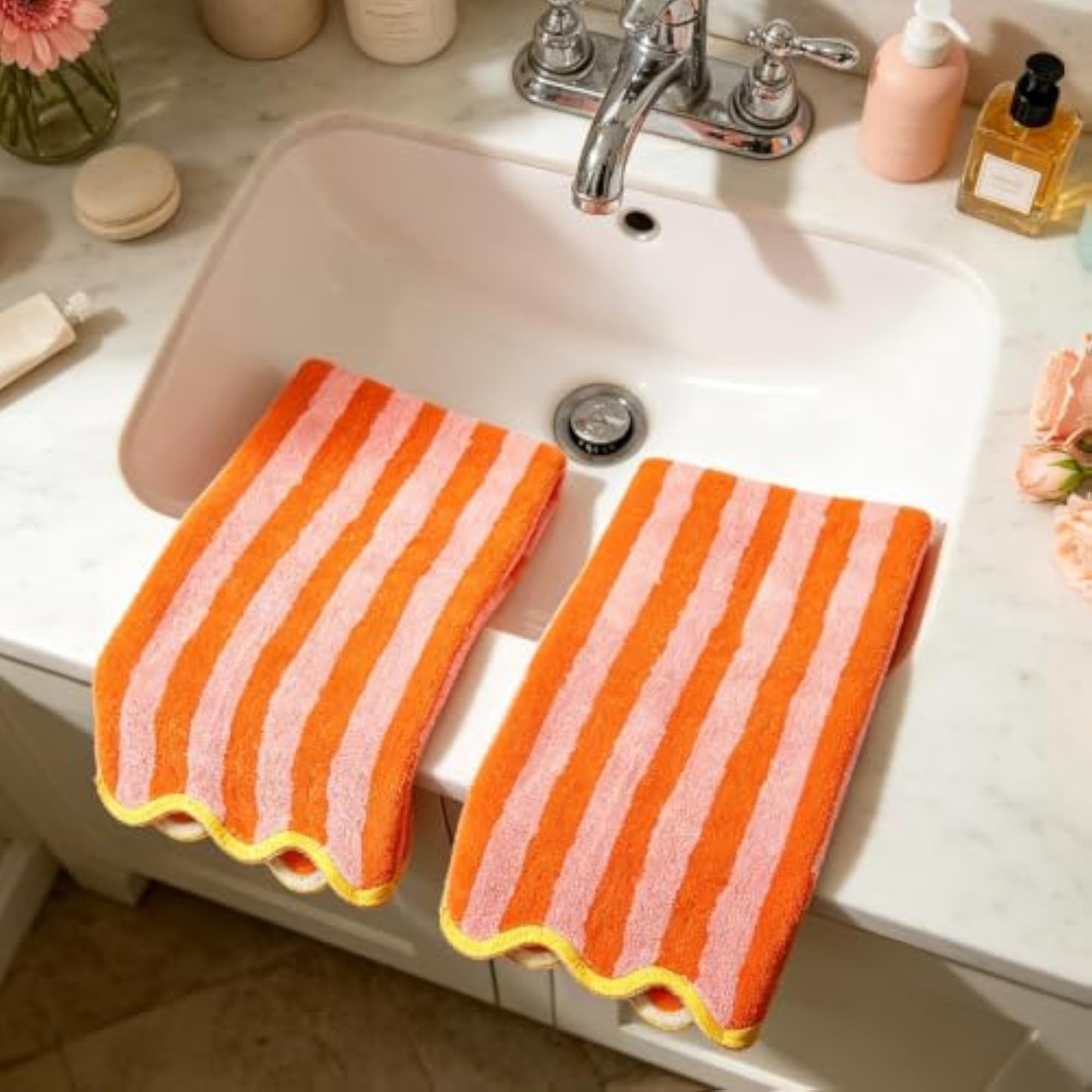 2 Pcs Orange Pink Stripe Hand Towels, Absorbent Cotton