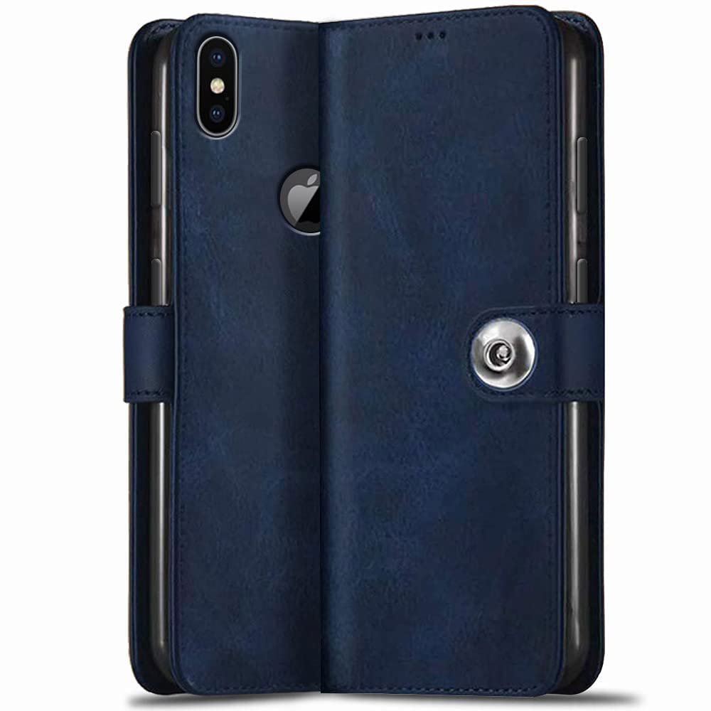 TheGiftKart Genuine Leather Finish iPhone X/XS Flip Back Cover Case | Inbuilt Pockets & Stand | Wallet Style | Designer Button Magnet Flip Cover Back Case for iPhone X/XS (Blue) (B0BLHM547L) Amazon Price History, Amazon Price Tracker