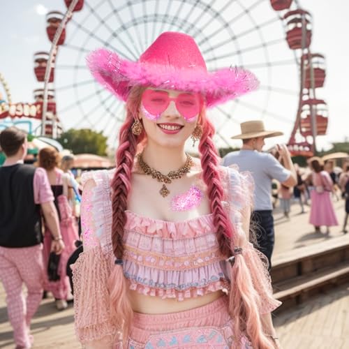 Image of SHENYI Glitter Cowgirl Hat with Heart Sunglasses Body Glitter Face Glitter Cowboy Hat for Women Men Music Festival Party