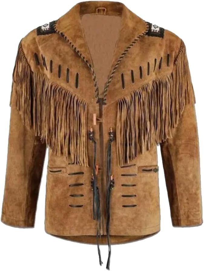 Fami Sports Chaqueta vaquera tradicional para hombre, piel de ante nativo americano, estilo clásico con cuentas, flecos y huesos, marrón, L