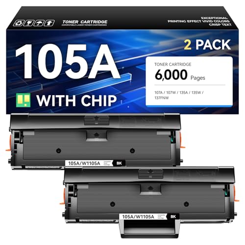 105A Toner Cartridge Black Combo 2-Pack with Chip High Yield Replacement for HP 105A W1105A Toner Cartridges Compatible with HP Laser MFP 135a 135w 137fnw 107a 107w Printer Ink 135 137 107 All-in-One