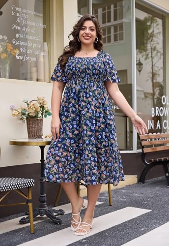 Image of Keluummi Plus Size Wedding Guest Maxi Dresses for Curvy Women, Summer Casual Boho Floral Smocked Empire Waist A Line Sundress