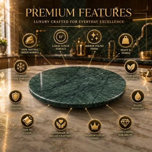 Image of 11 Inch Green Marble Chakla | Large Size Marble Roti Rolling Board | Premium Stone Chakla for Roti, Chapati, Phulka & Paratha Making | Smooth Finish Heavy Duty Dough Rolling Board for Home Kitchen