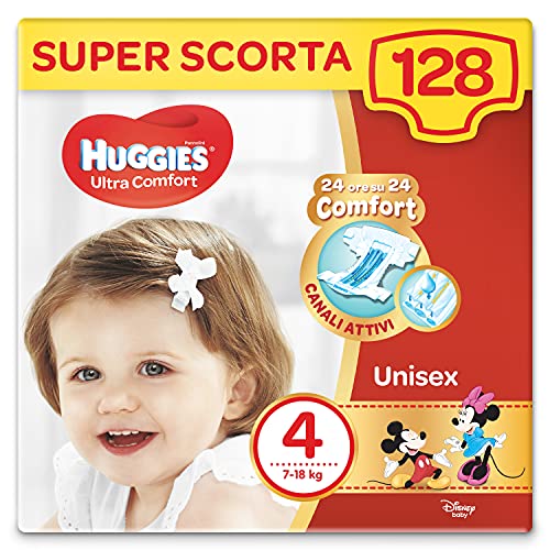 Huggies Pañales Ultra Comfort Talla 4 (7-18 kg), paquete de 128 pañales