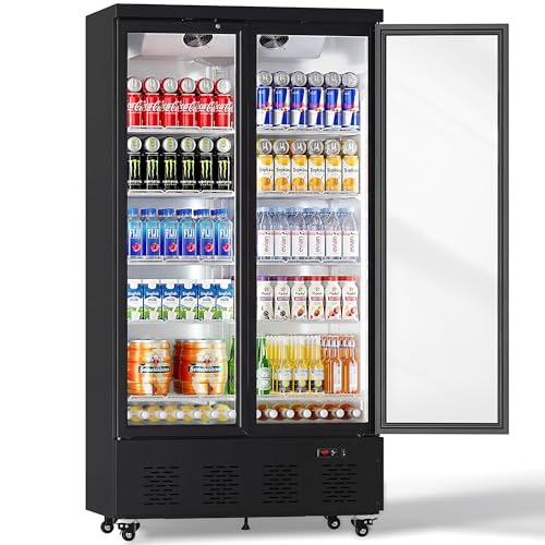 Image of 34 Cu.Ft Commercial Display Refrigerator, Space-Saving 2-Door Glass Front Merchandiser, Reach-in Beverage Cooler with Lock for Cafe, Office and Small Grocery, 10 Removable Shelves