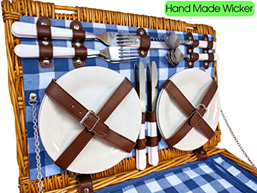 Nature Gear Upgraded 4 Person XL Picnic Basket Wicker (4 Person, Blue & White)