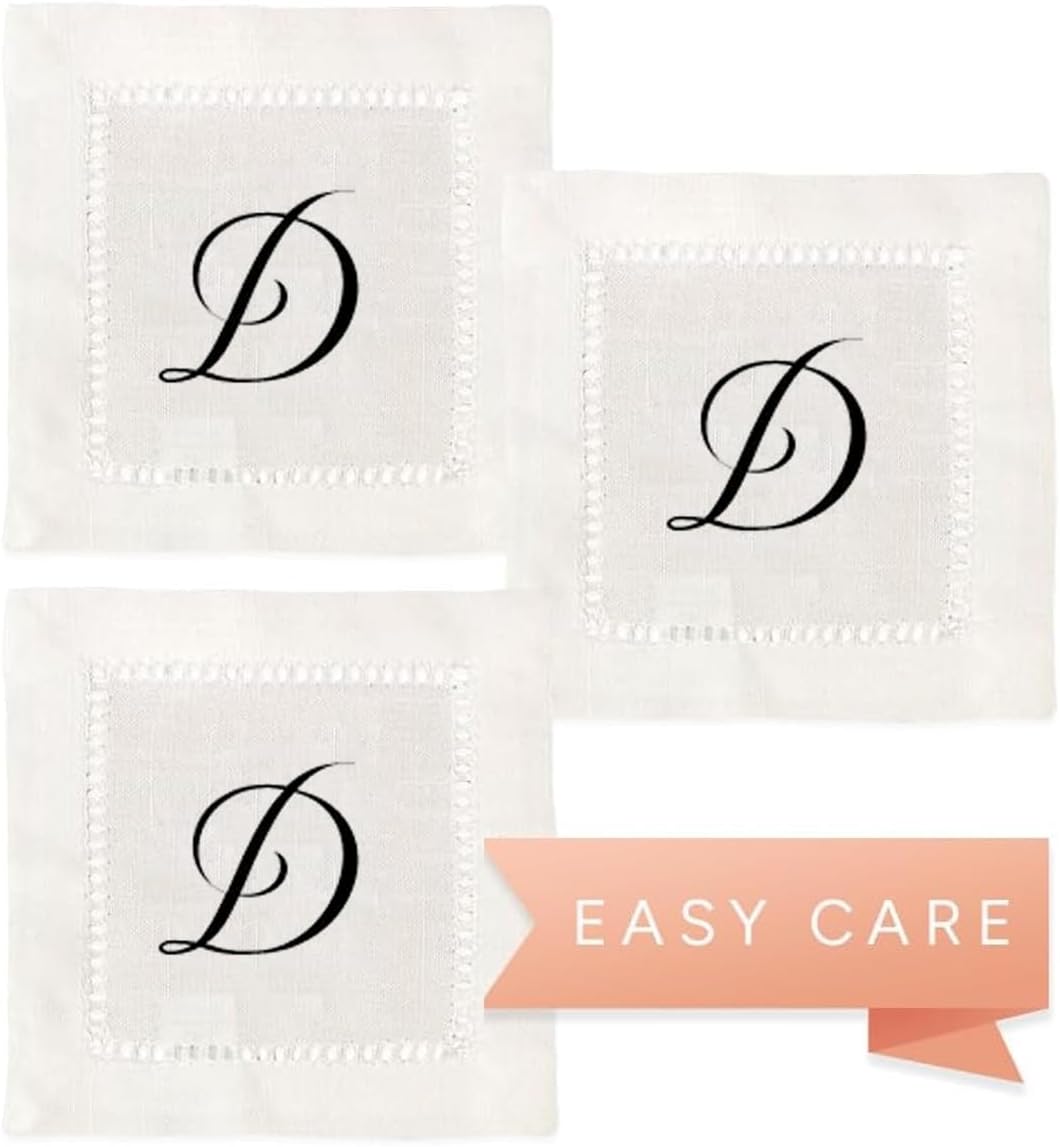 Jolitee Decorative Hemstitch Cocktail Napkins with Printed Initials D – 6"x6" Linen-Like Washable Fabric – Handmade Cloth Napkins for Entertaining, Parties, and Everyday Use