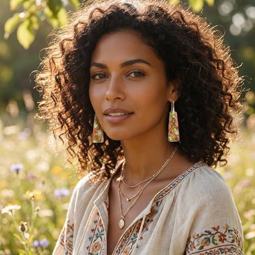 LumaBria Boho Natural Stone Dangle Earrings for Women, Lightweight Statement Drop Earrings, Handmade Gemstone Earrings for Daily Wear, Parties and Gif (Green Multicolor) — view 3