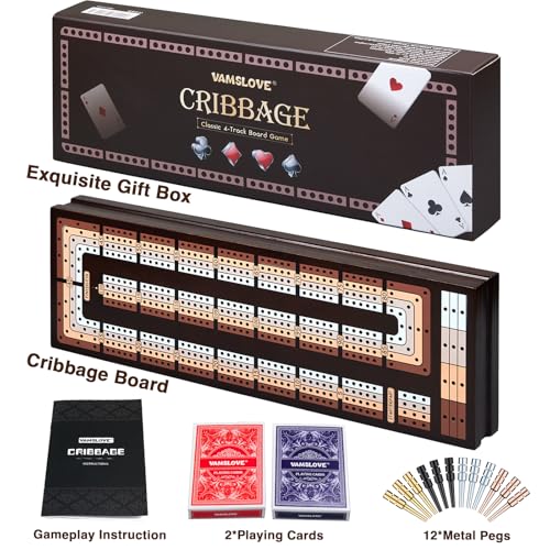 VAMSLOVE Upgraded Wooden 4-Track Cribbage Board Game Magnetic Scoreboard with Large Slots for Storing 2 Playing Cards and 12 Metal Pegs, Travel Family Game Night (Instruction Included) - Image 4