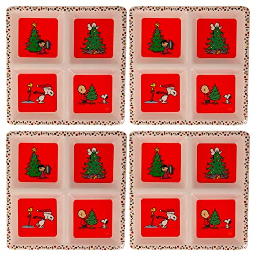 Peanuts Christmas Appetizer Serving Tray Set (4 Pack, 8.5 X 8.5 In) Melamine 4-Section Divided Square Dish Winter Holiday Snack Trays #TOP17