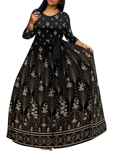 Image of PinkPatty Women's Long Sleeve Maxi Dress Plus Size Trendy Wedding Guest Dress with Pockets&Belt